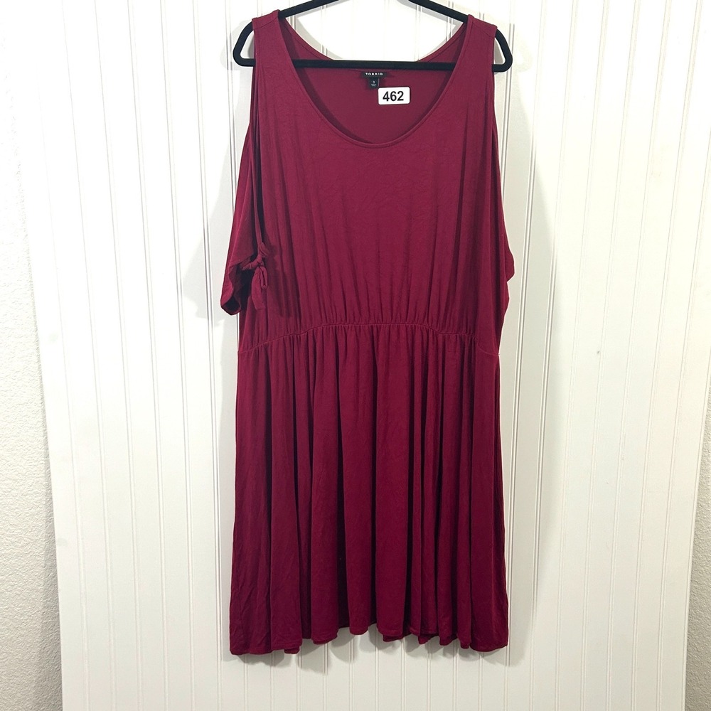 Torrid Cold Shoulder Jersey Skater Dress Tie Sleeve 3X Red Wine Swing Soft - Picture 2 of 6